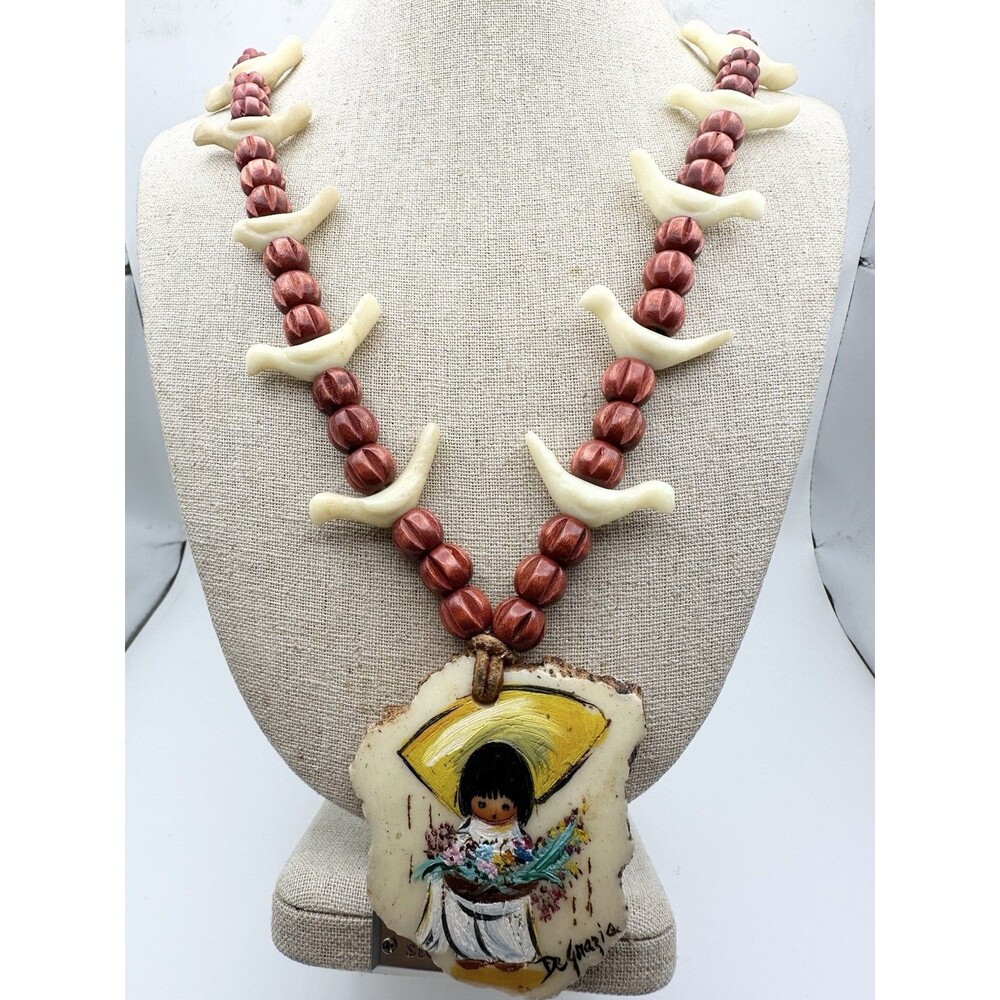 DeGrazia Native American Fetish Beads Hand painted Necklace Signed 60's 24”